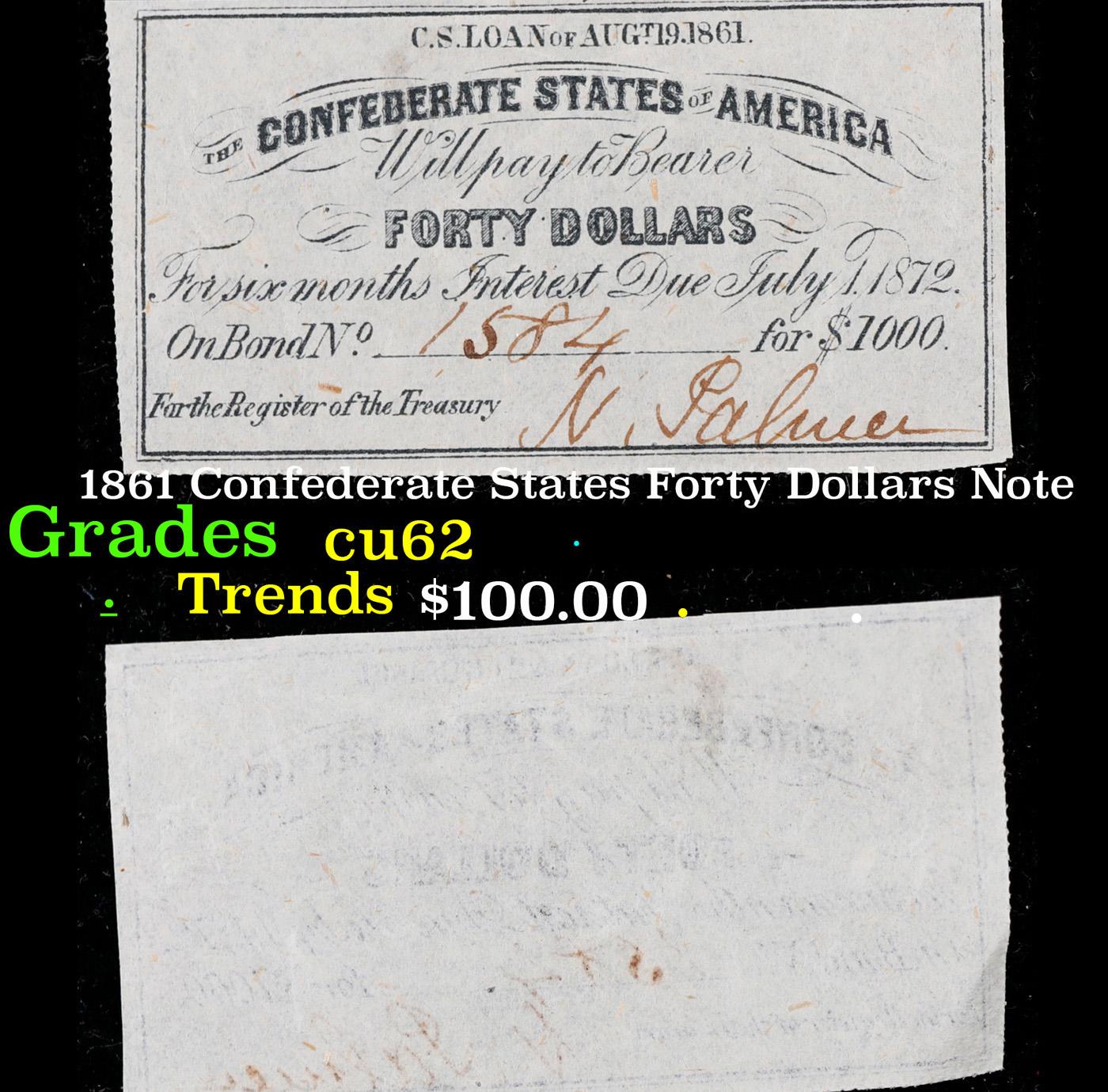 1861 Confederate States Forty Dollars Note Graded Select CU