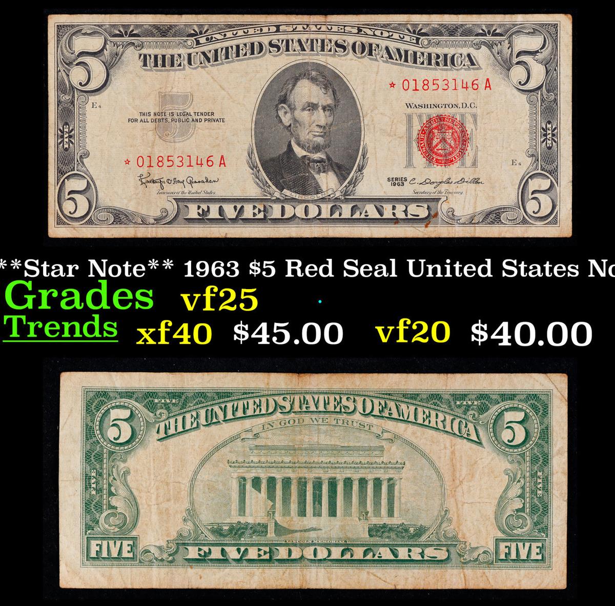 **Star Note** 1963 $5 Red Seal United States Note Grades vf+