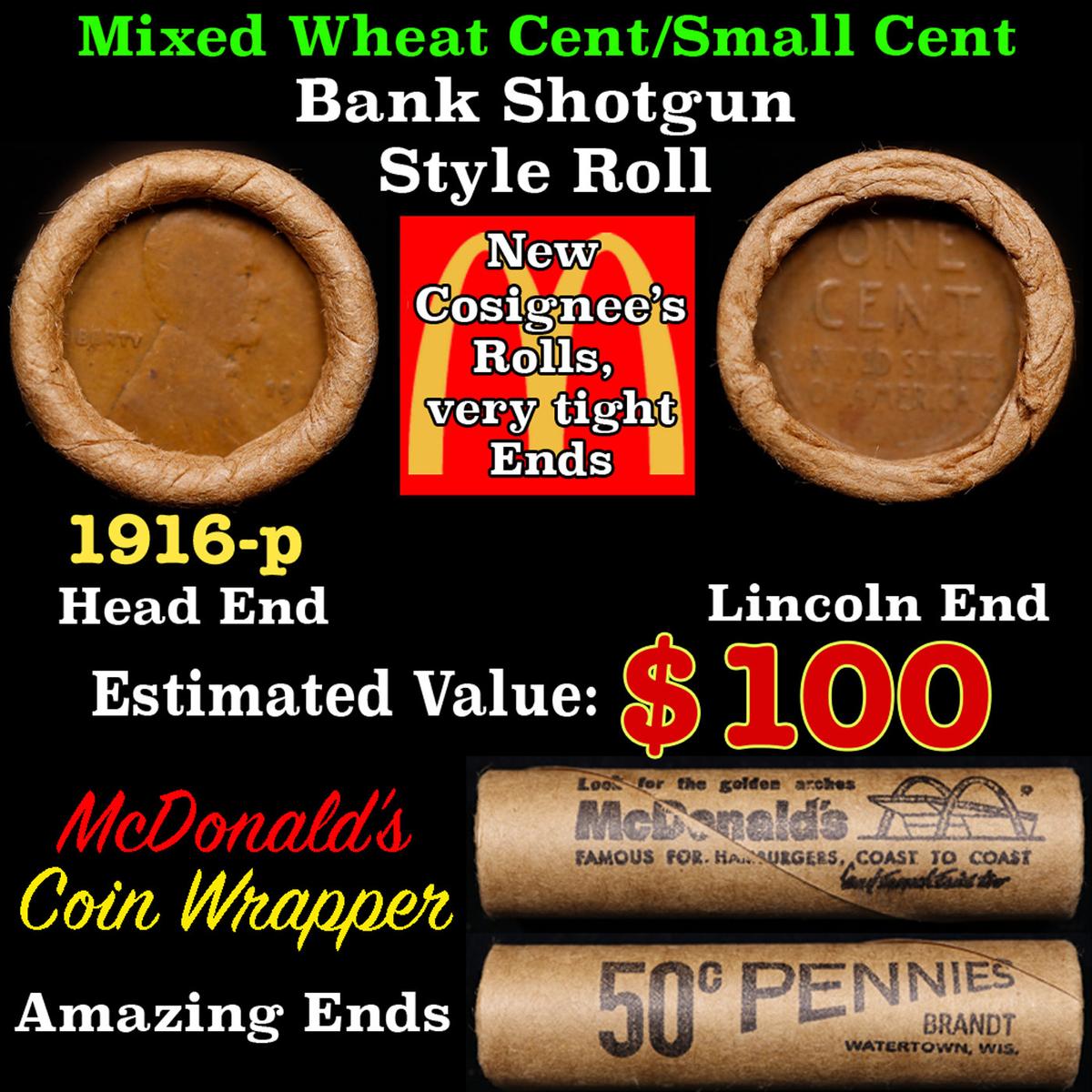 Lincoln Wheat Cent 1c Mixed Roll Orig Brandt McDonalds Wrapper, 1916-p end, Wheat other end