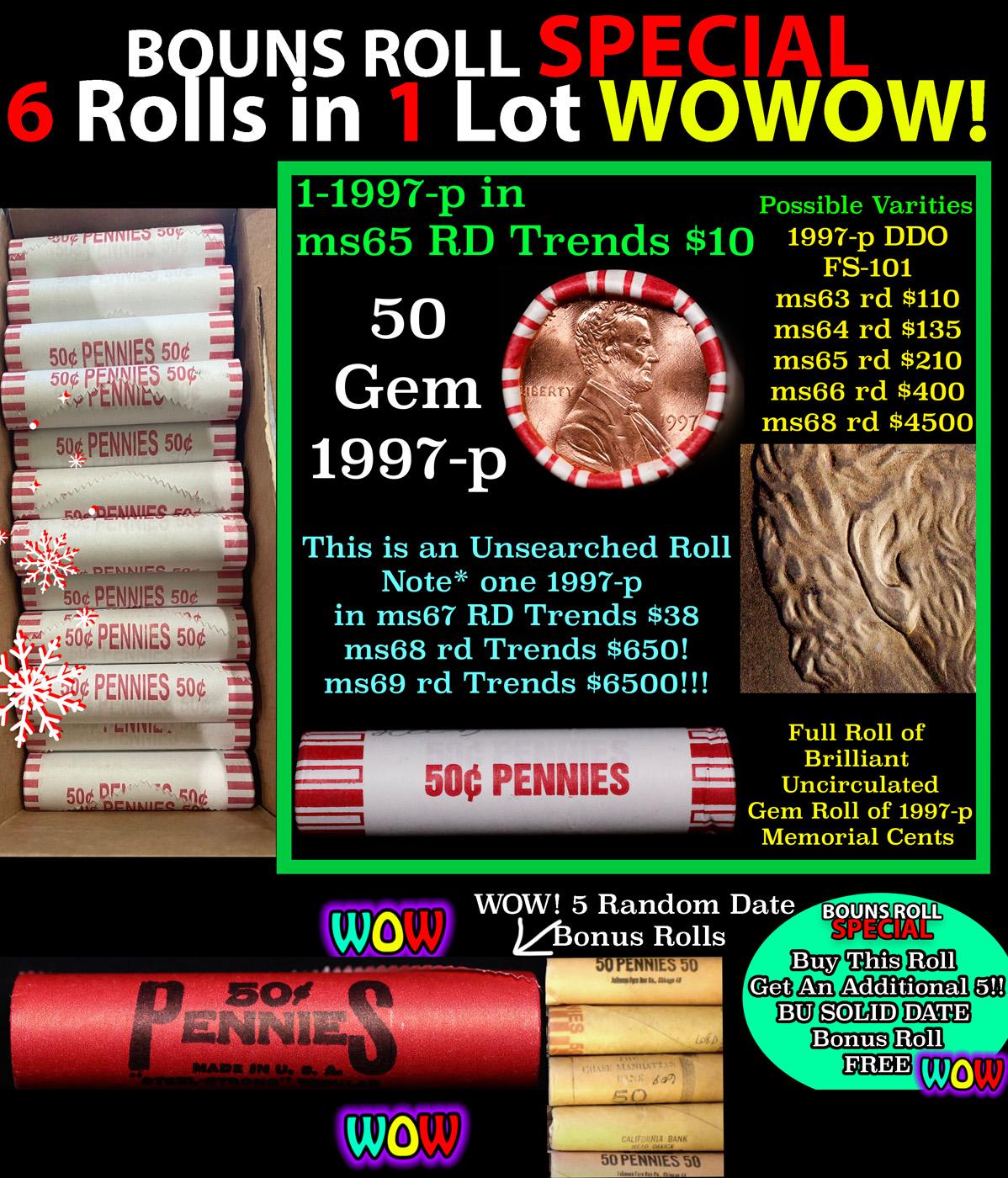 THIS AUCTION ONLY! BU Shotgun Lincoln 1c roll, 1997-p 50 pcs Plus THREE bonus random date BU roll! B