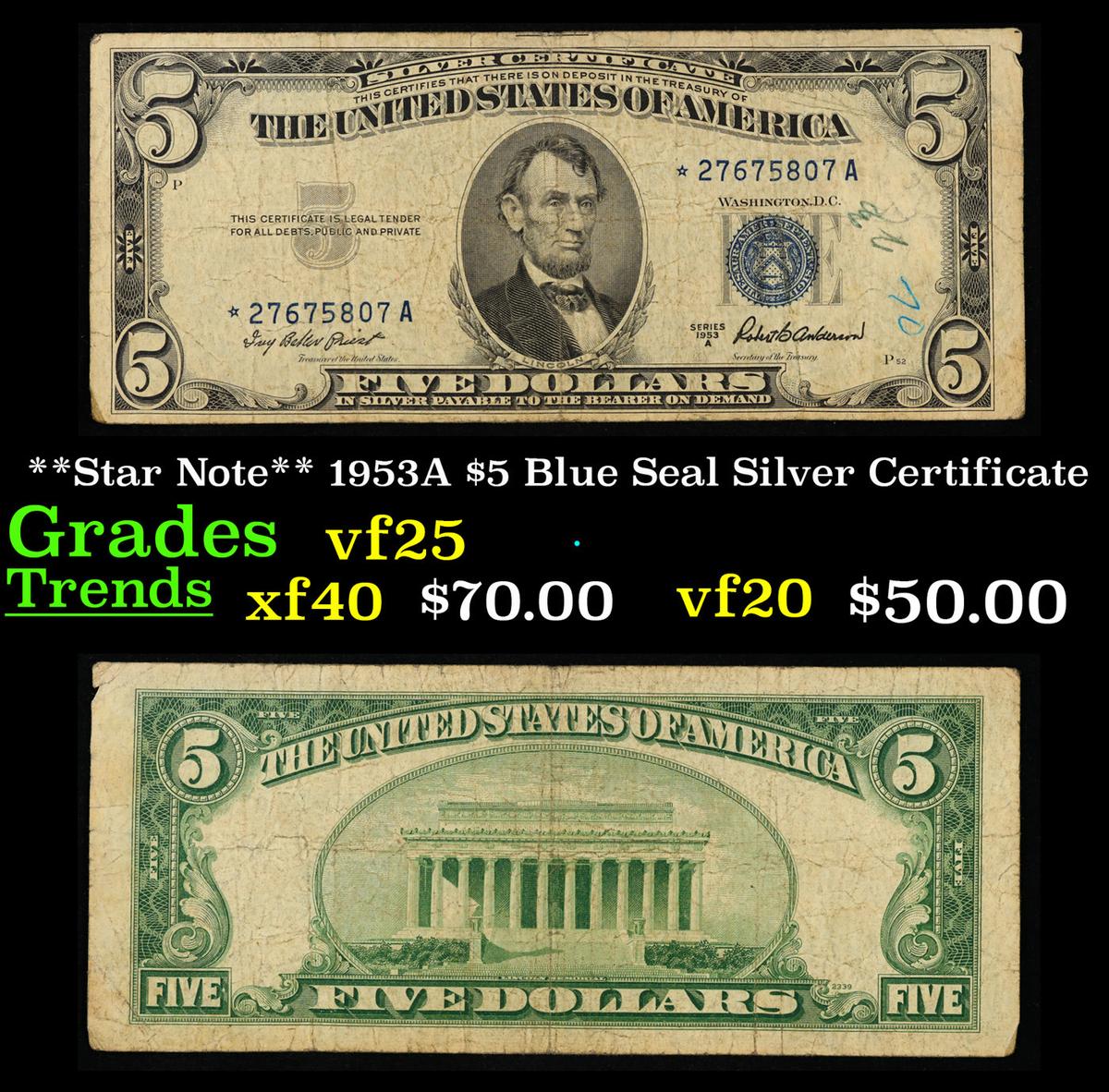 **Star Note** 1953A $5 Blue Seal Silver Certificate Grades vf+