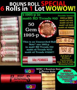 THIS AUCTION ONLY! BU Shotgun Lincoln 1c roll, 1995-p 50 pcs Plus THREE bonus random date BU roll! B