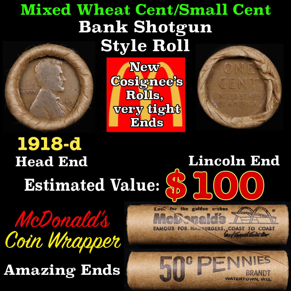 Lincoln Wheat Cent 1c Mixed Roll Orig Brandt McDonalds Wrapper, 1918-d end, Wheat other end