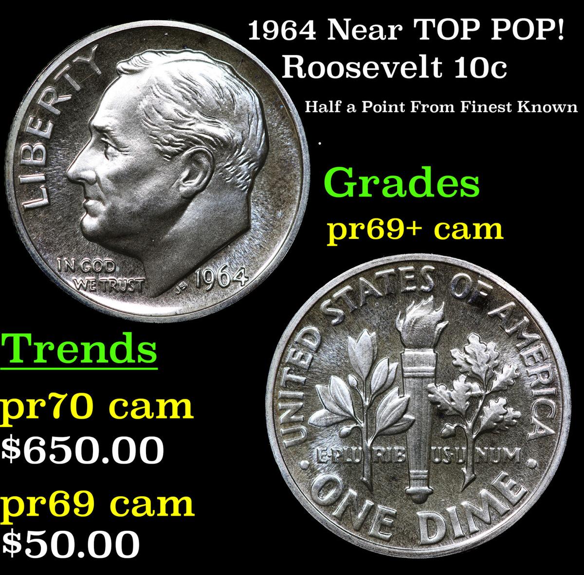 Proof 1964 Roosevelt Dime Near TOP POP! 10c Graded pr69+ cam BY SEGS