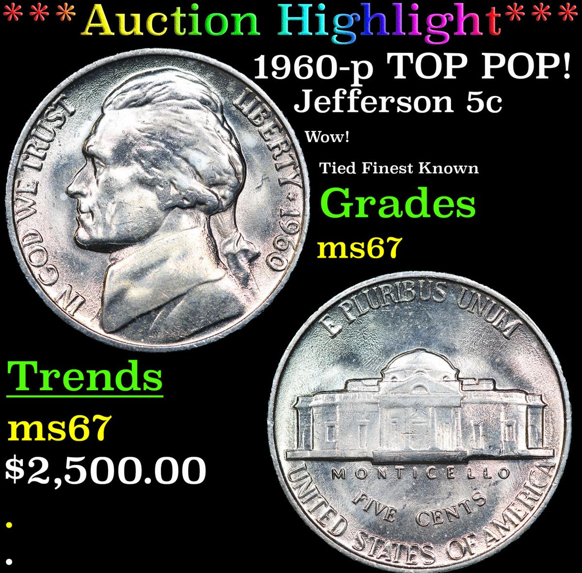 ***Auction Highlight*** 1960-p Jefferson Nickel TOP POP! 5c Graded ms67 BY SEGS (fc)