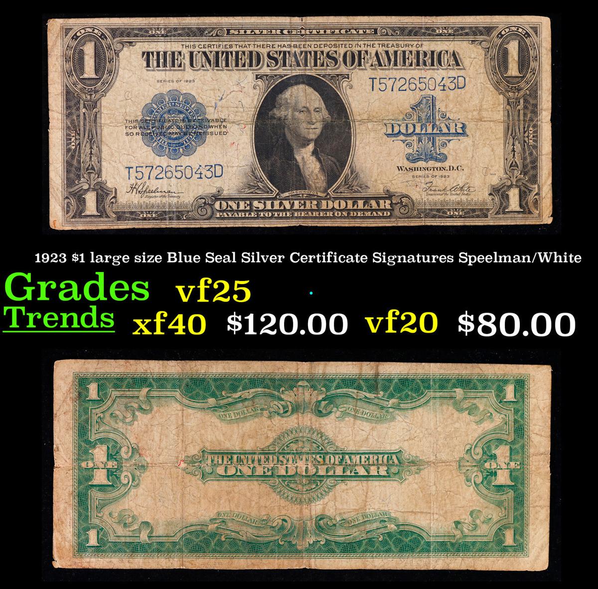 1923 $1 large size Blue Seal Silver Certificate Grades vf+ Signatures Speelman/White