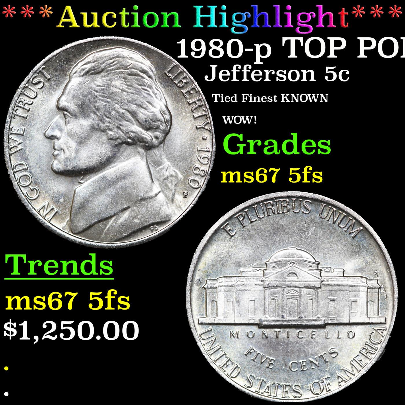 ***Auction Highlight*** 1980-p Jefferson Nickel TOP POP! 5c Graded ms67 5fs BY SEGS (fc)