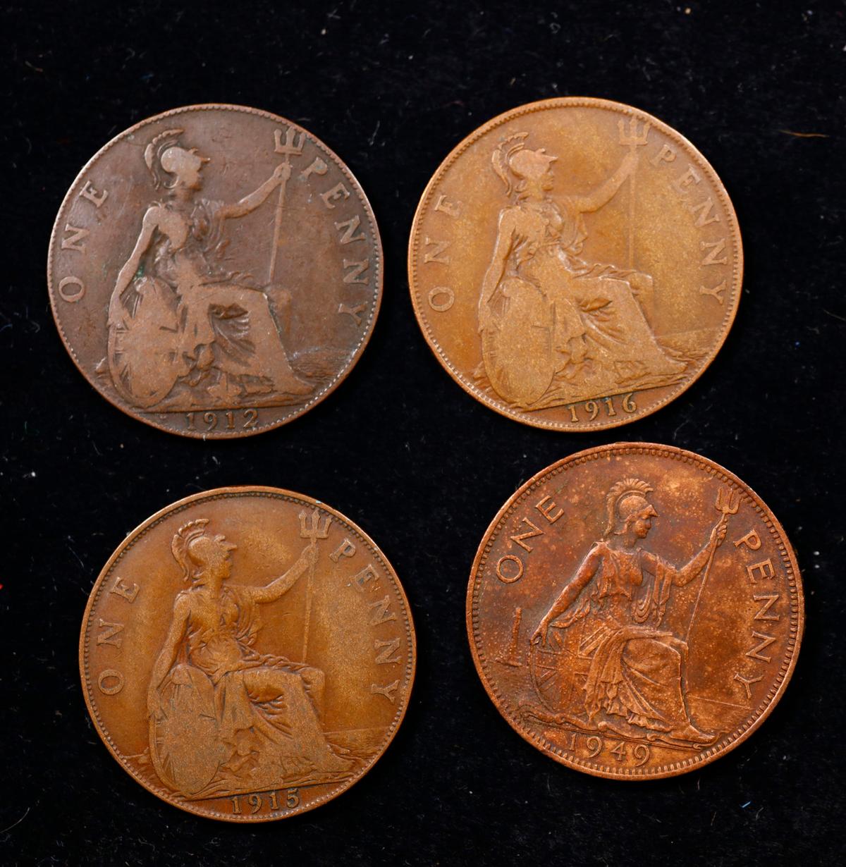 Group of 4 Coins, Great Britain Pennies, 1912, 1915, 1916, 1949 .