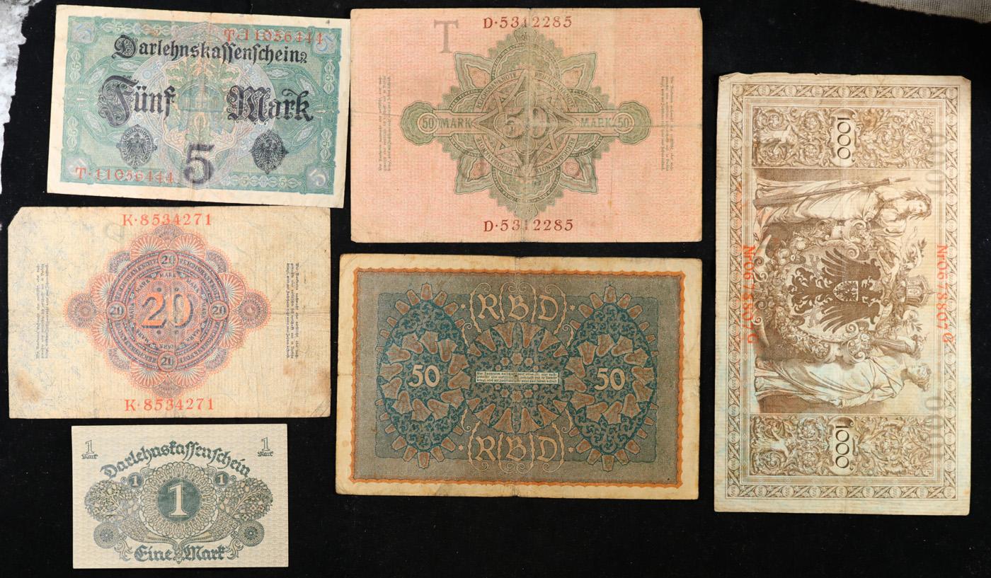 Lot of 6 1910s-1920s German WWI Era Banknotes, Various Dates & Denoms Grades