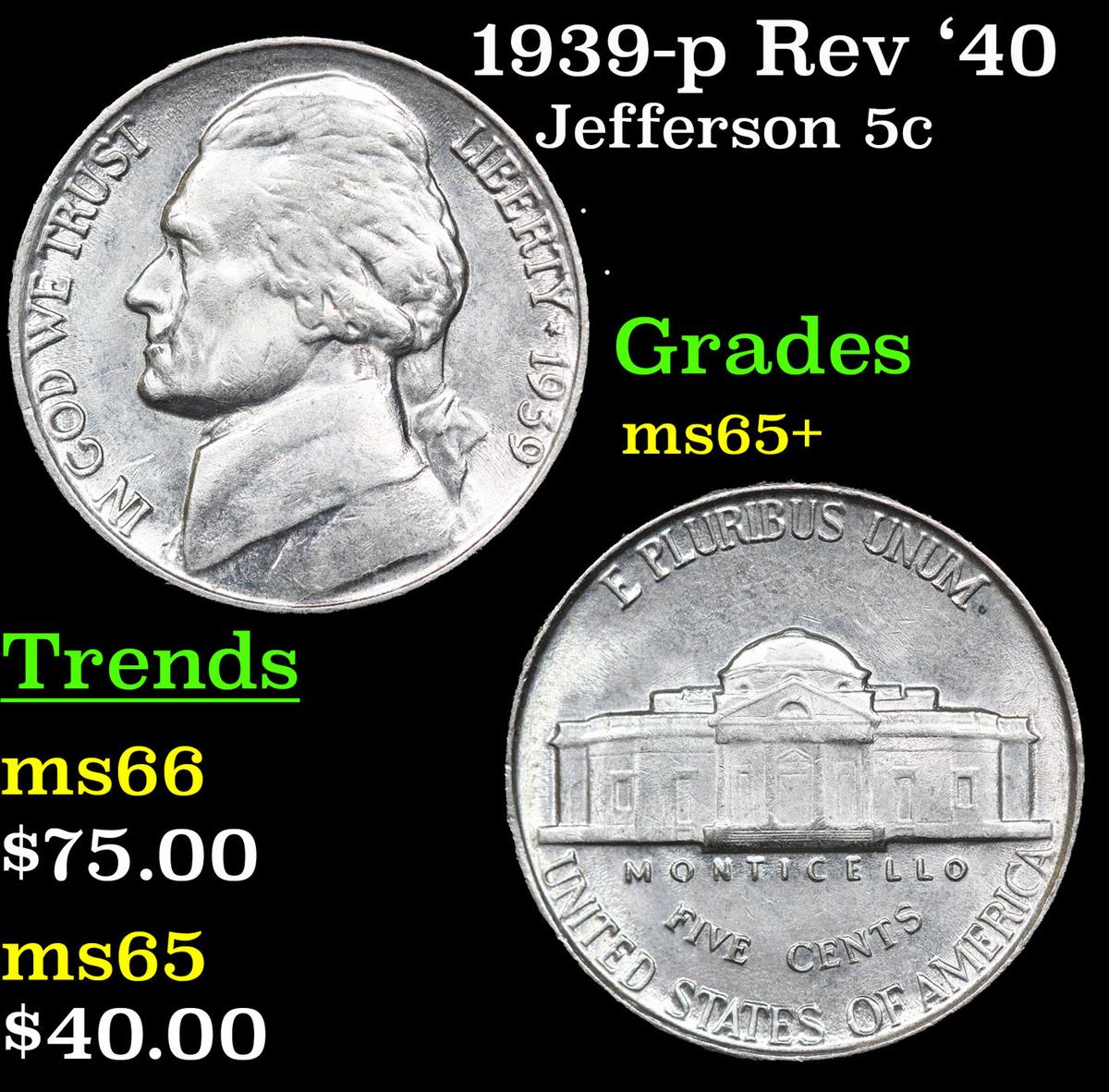 1939-p Rev '40 Jefferson Nickel 5c Grades GEM+ Unc