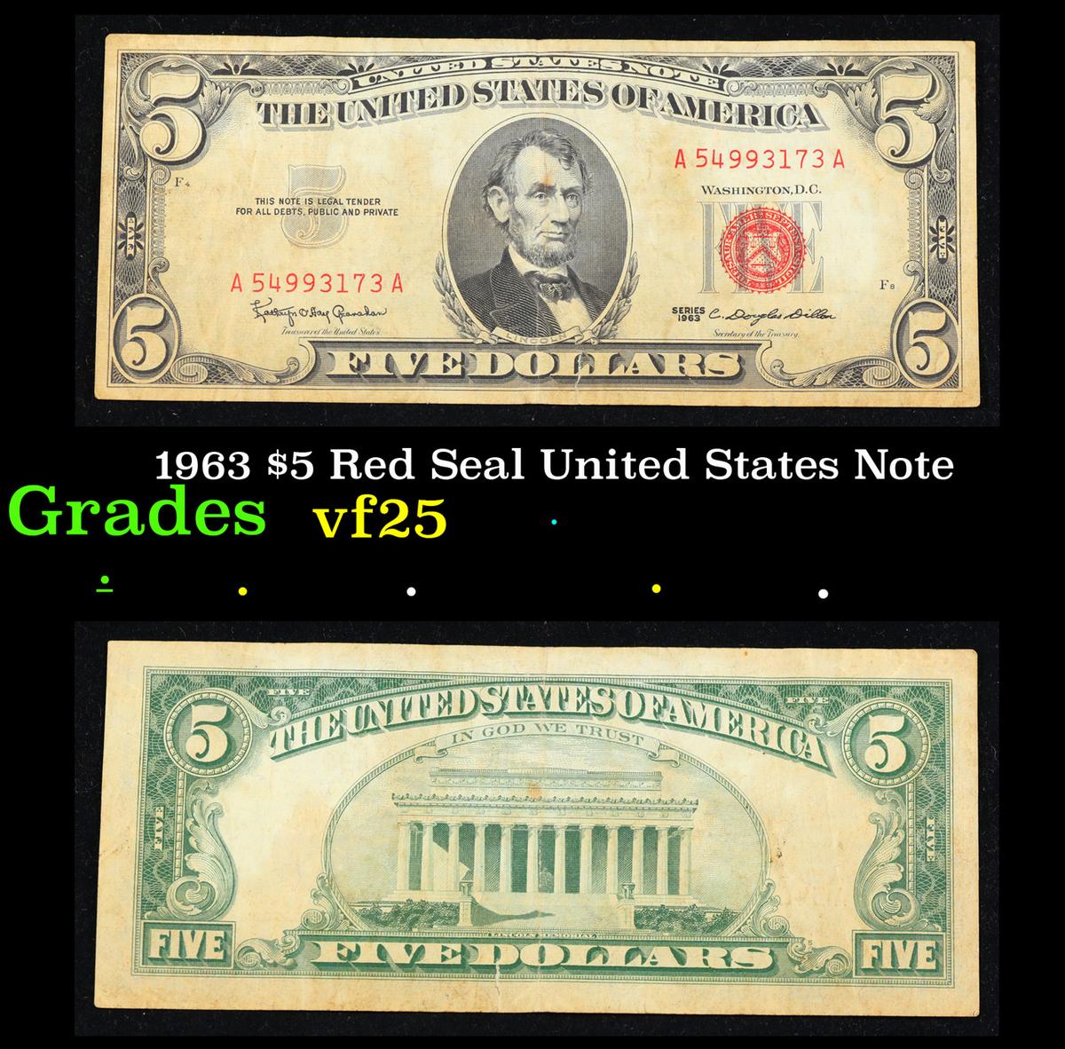 1963 $5 Red Seal United States Note Grades vf+