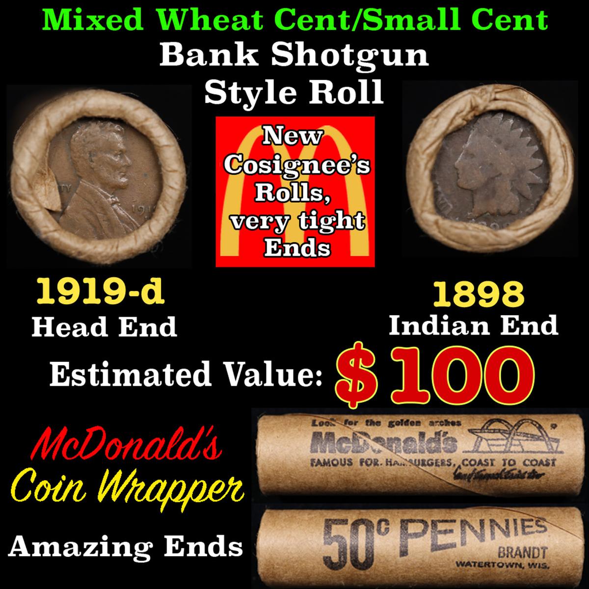 Small Cent Mixed Roll Orig Brandt McDonalds Wrapper, 1919-d Lincoln Wheat end, 1898 Indian other end