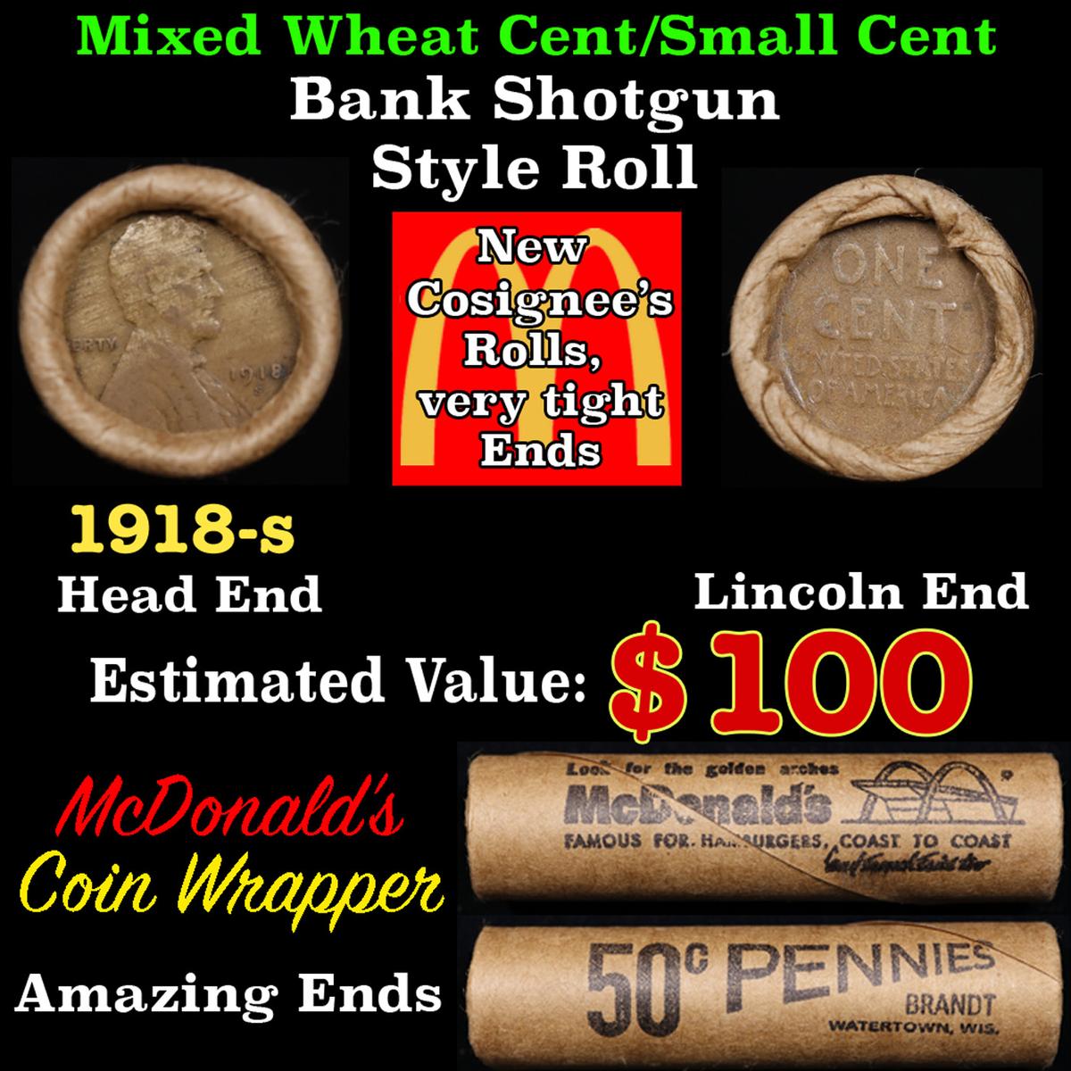 Lincoln Wheat Cent 1c Mixed Roll Orig Brandt McDonalds Wrapper, 1918-s end, Wheat other end