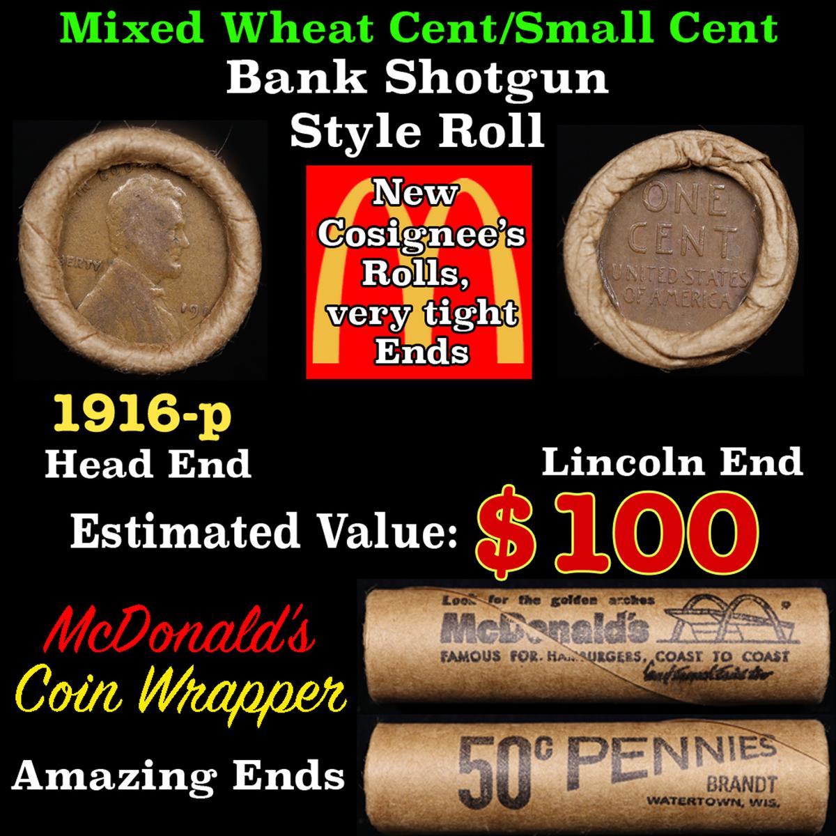 Lincoln Wheat Cent 1c Mixed Roll Orig Brandt McDonalds Wrapper, 1916-p end, Wheat other end