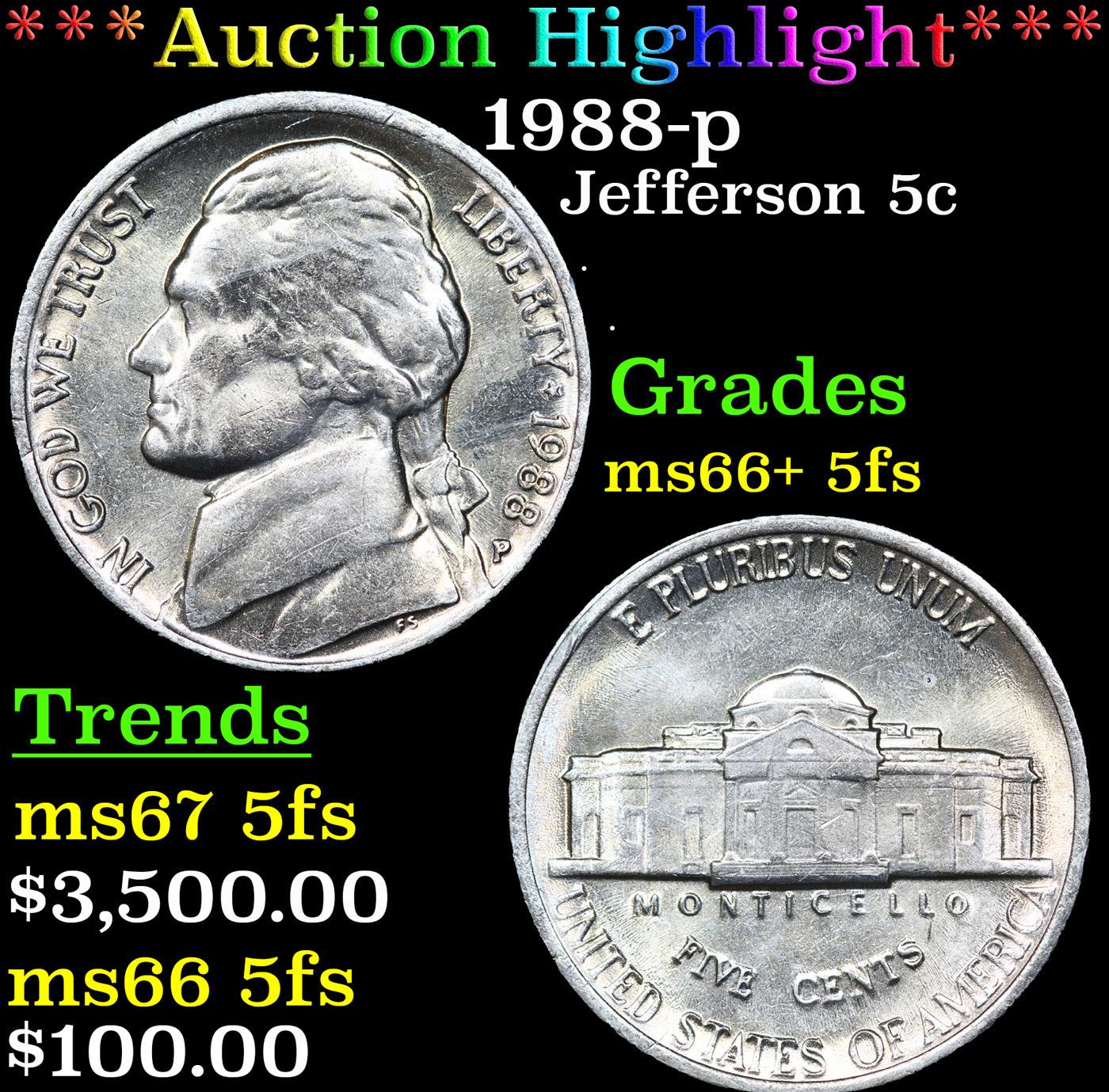 ***Auction Highlight*** 1988-p Jefferson Nickel 5c Graded GEM++ 5fs By USCG (fc)