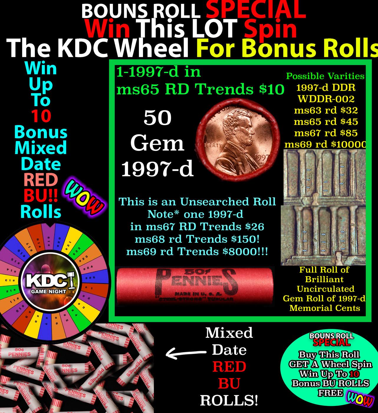 *BOGO* Buy This Great BU Red, 1997-d Shotgun Lincoln 1c Roll & Get 1 BU RED ROLL FREE. WOW!!! *BOGO*