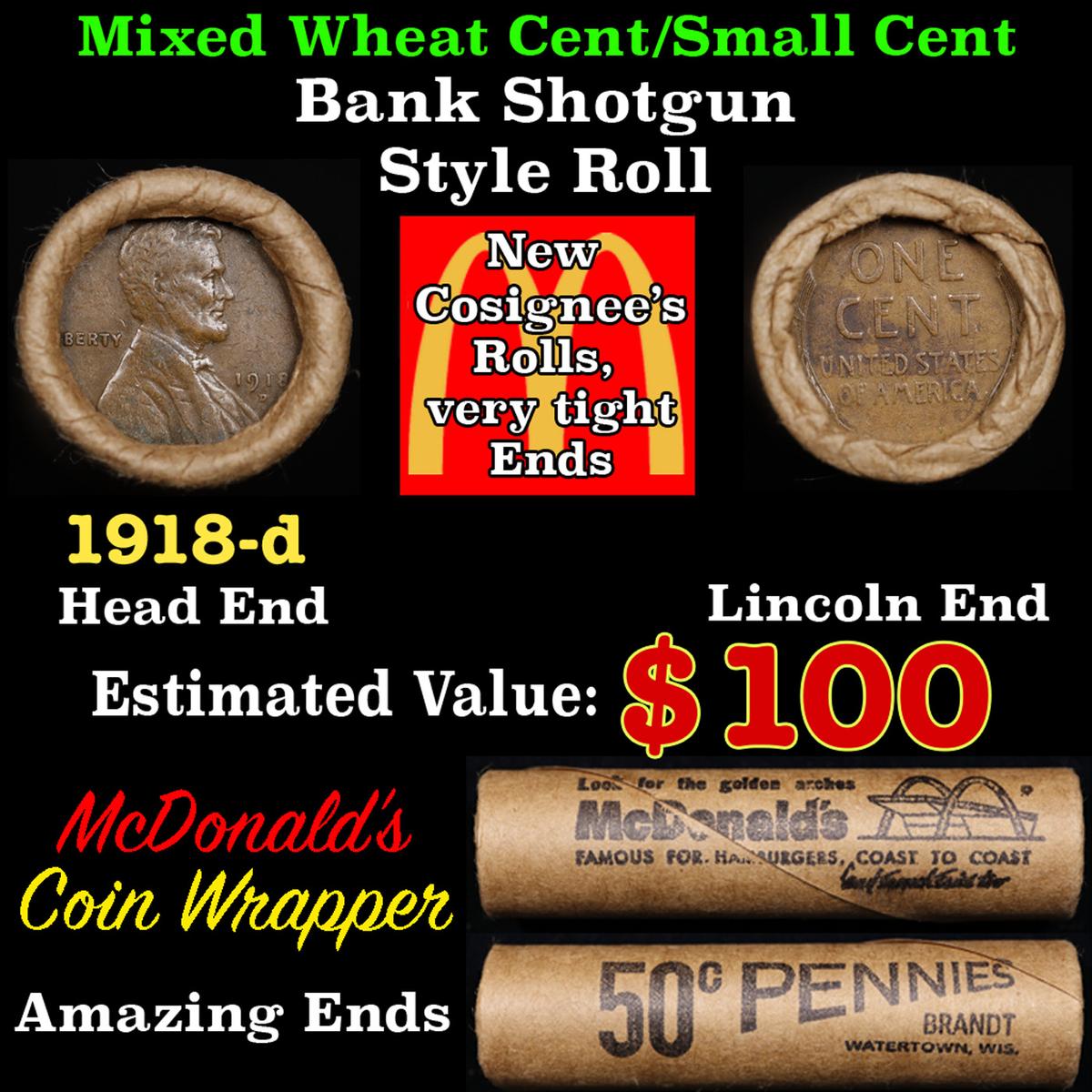 Lincoln Wheat Cent 1c Mixed Roll Orig Brandt McDonalds Wrapper, 1918-d end, Wheat other end