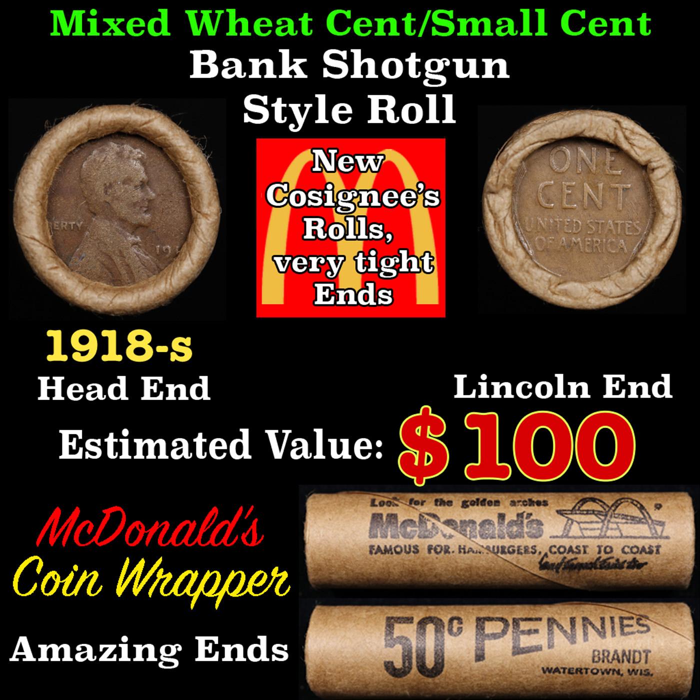 Lincoln Wheat Cent 1c Mixed Roll Orig Brandt McDonalds Wrapper, 1918-s end, Wheat other end