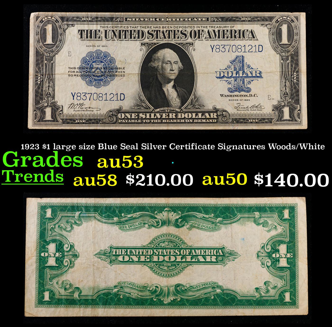 1923 $1 large size Blue Seal Silver Certificate Grades Select AU Signatures Woods/White