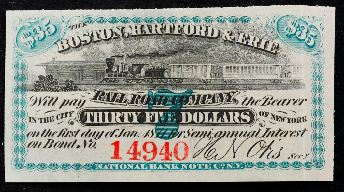 Civil War Era Boston, Hartford & Erie Railroad $35 Note Grades Select CU