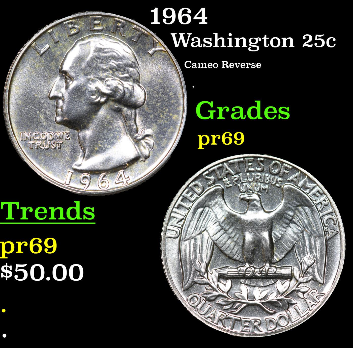 Proof 1964 Washington Quarter 25c Grades GEM++ Proof