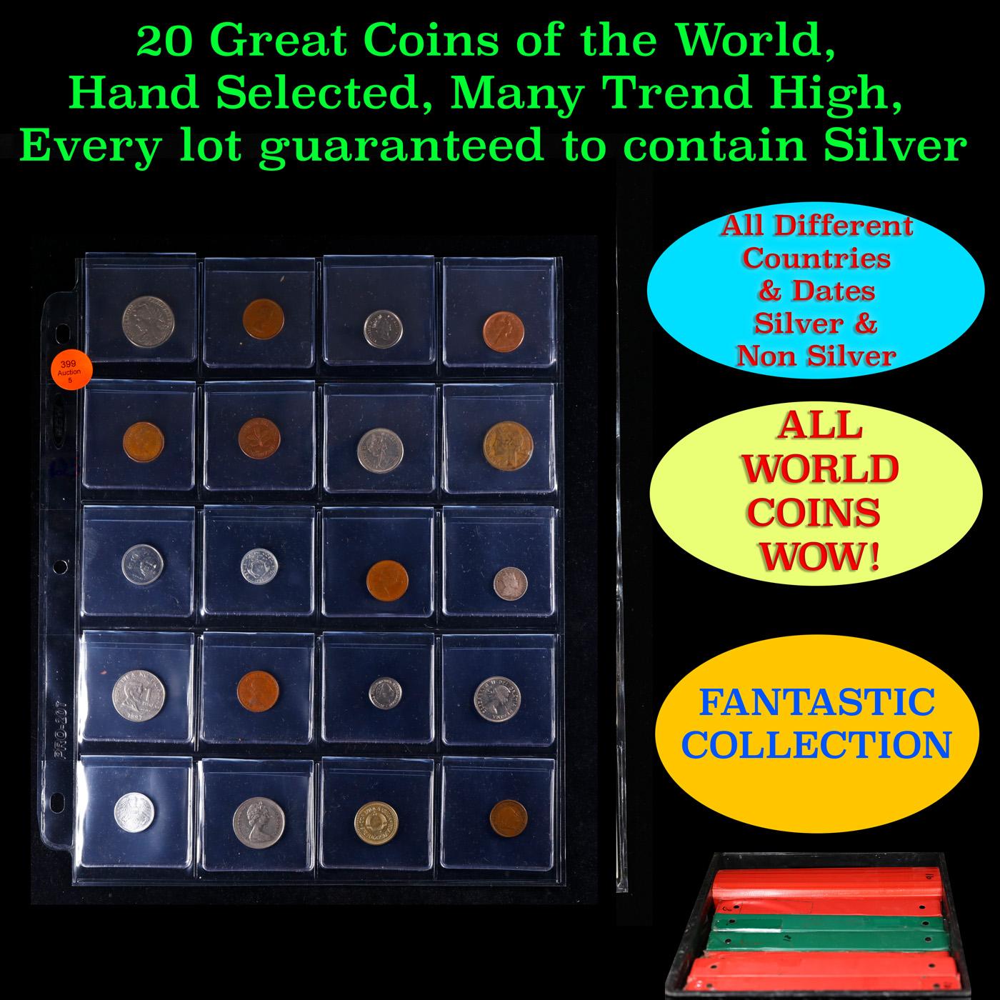 20 Great Coins of the World, hand selected, many trend high, every lot guaranteed to contain Silver.