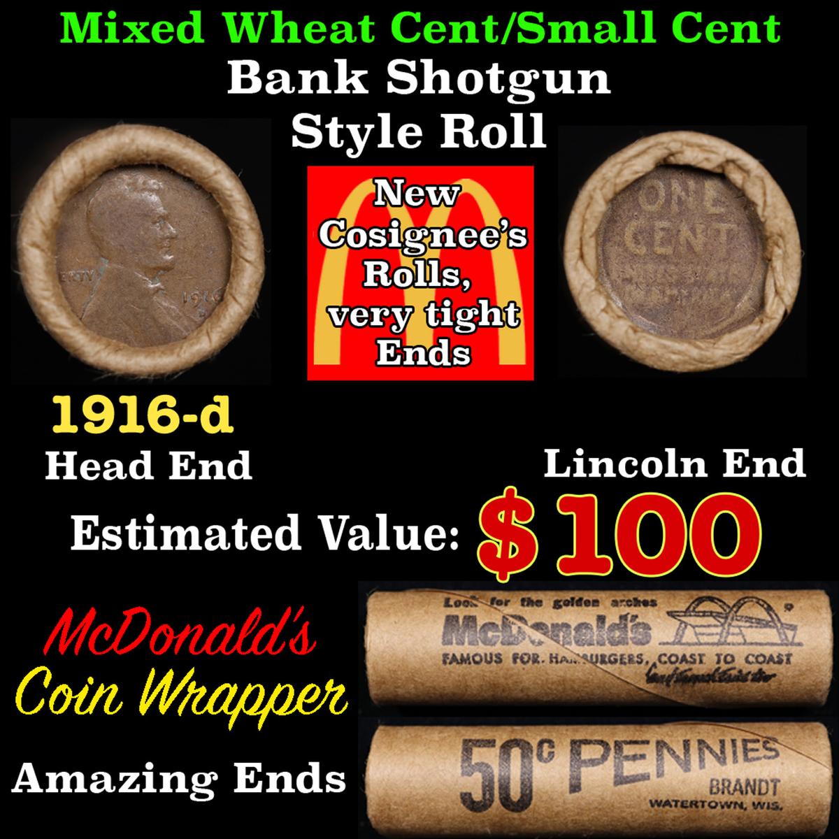 Lincoln Wheat Cent 1c Mixed Roll Orig Brandt McDonalds Wrapper, 1916-d end, Wheat other end