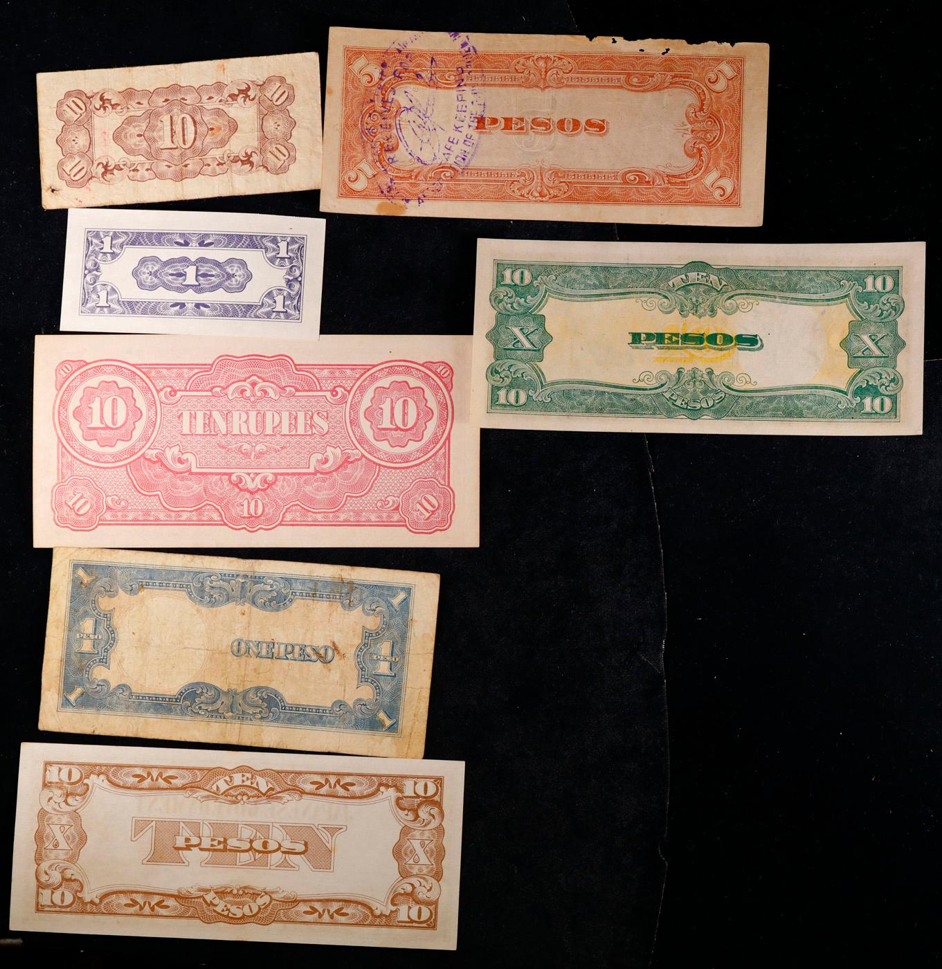 Lot of 7 WWII Japanese Invasion Money Notes - Various Countries & Denominations! Grades