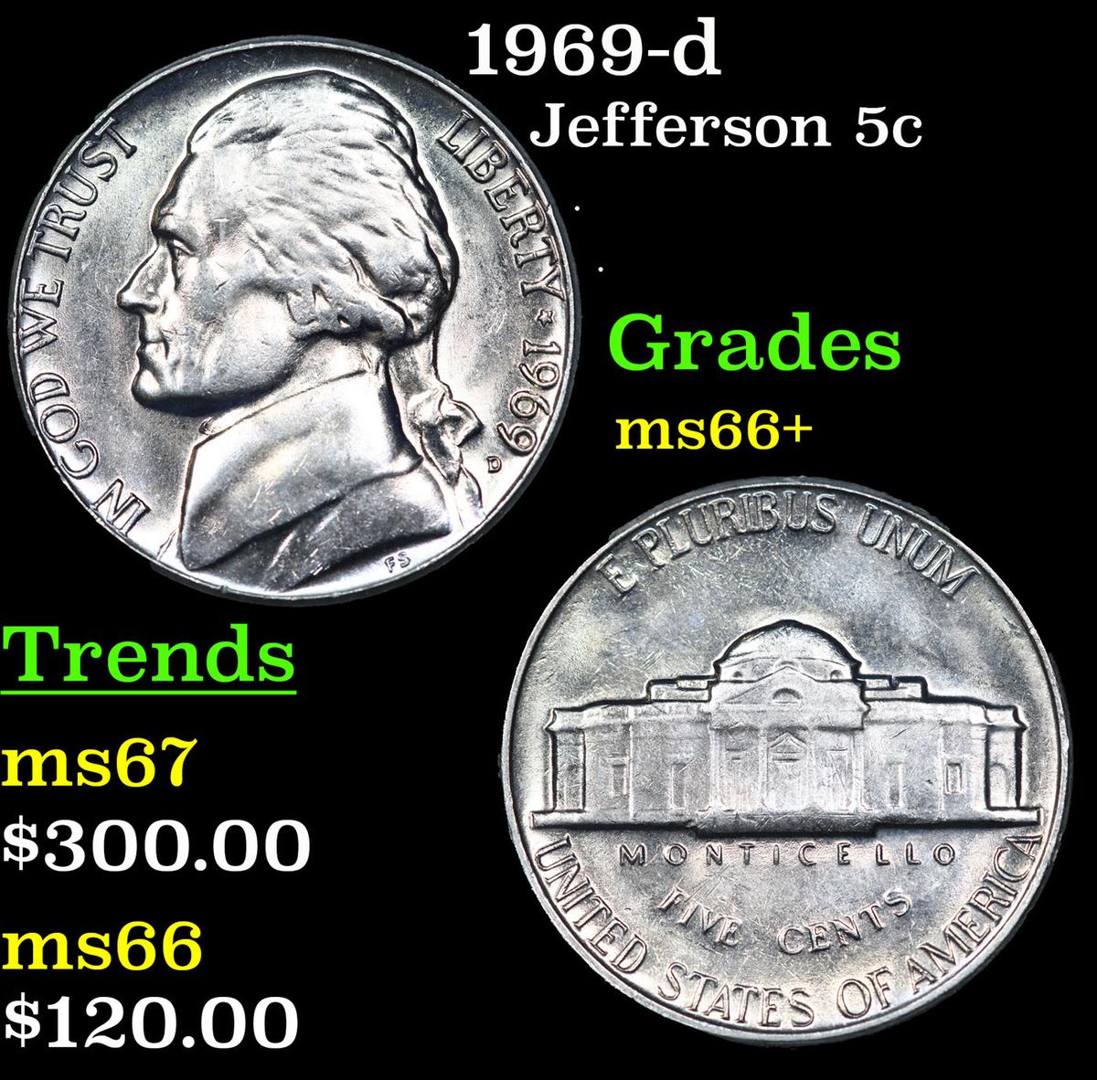 1969-d Jefferson Nickel 5c Grades GEM++ Unc