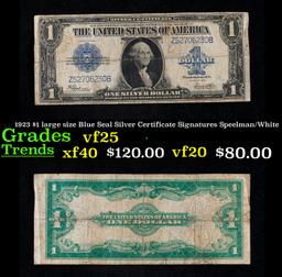 1923 $1 large size Blue Seal Silver Certificate Grades vf+ Signatures Speelman/White