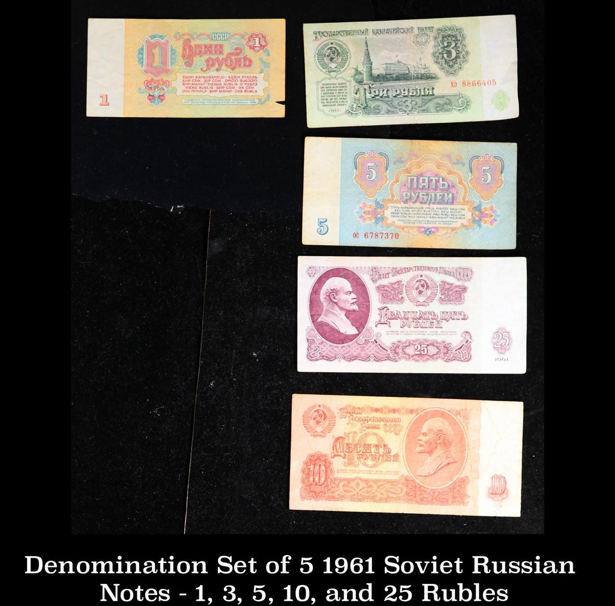 Denomination Set of 5 1961 Soviet Russian Notes - 1, 3, 5, 10, and 25 Rubles