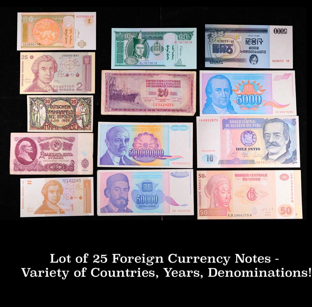 Lot of 25 Foreign Currency Notes - Variety of Countries, Years, Denominations!