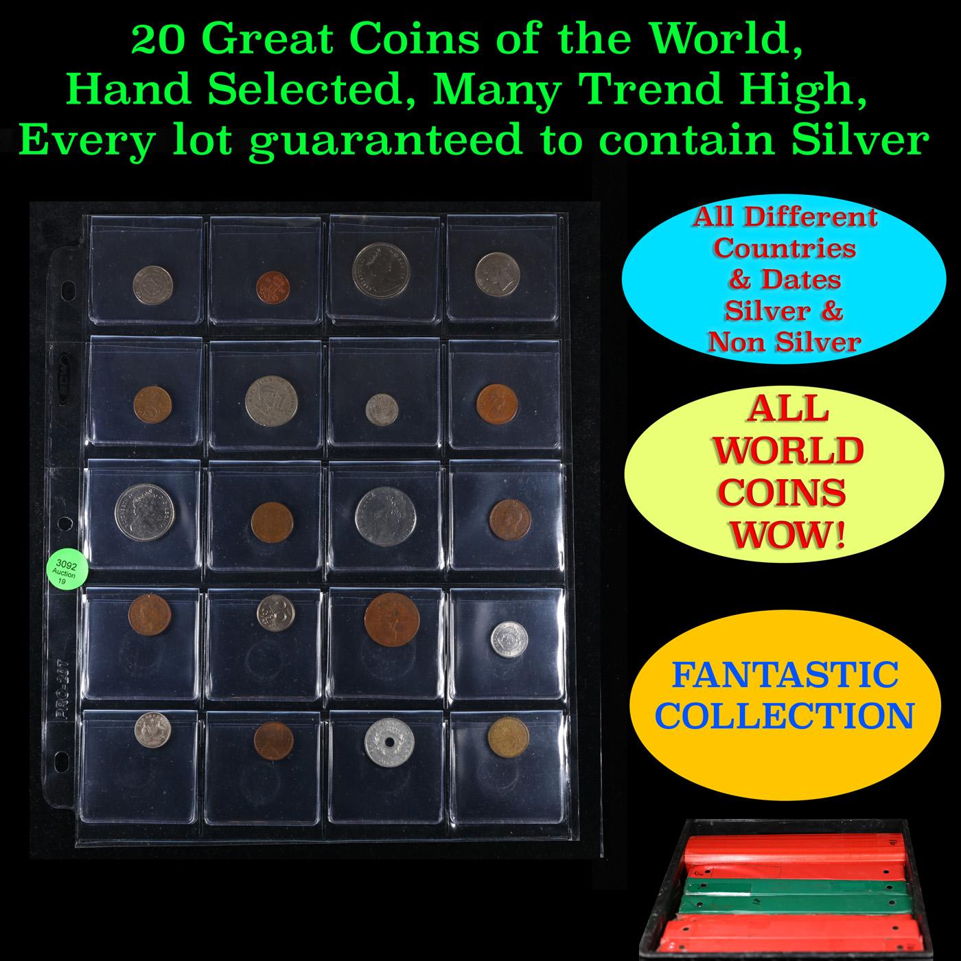 20 Great Coins of the World, hand selected, many trend high, every lot guaranteed to contain Silver.