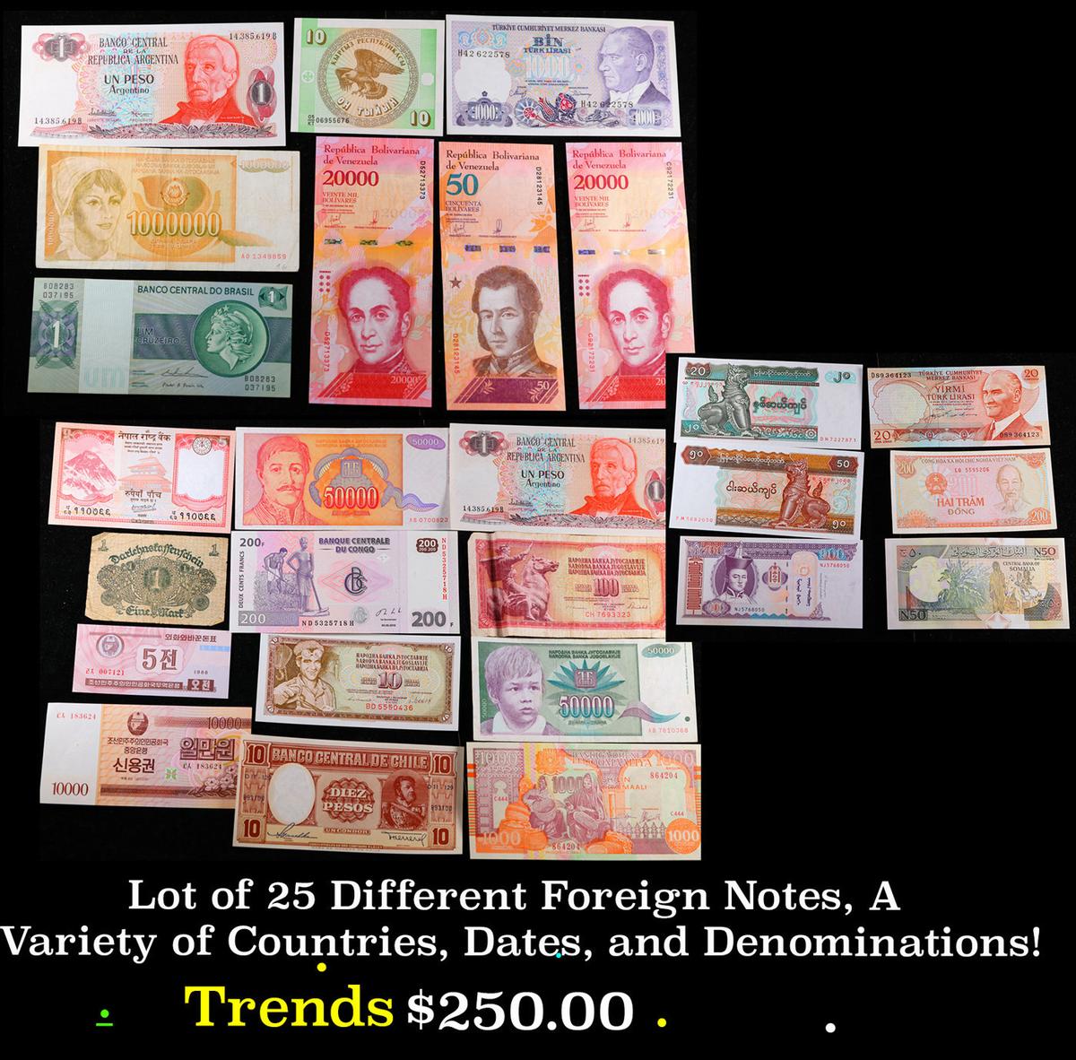 Lot of 25 Different Foreign Notes, A Variety of Countries, Dates, and Denominations!