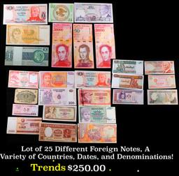 Lot of 25 Different Foreign Notes, A Variety of Countries, Dates, and Denominations!