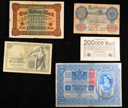 Group of 5 Early 1900's German Hyperinflation Notes WWI