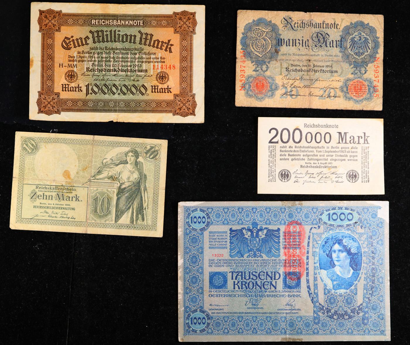 Group of 5 Early 1900's German Hyperinflation Notes WWI