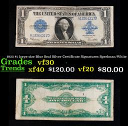 1923 $1 large size Blue Seal Silver Certificate Grades vf++ Signatures Speelman/White