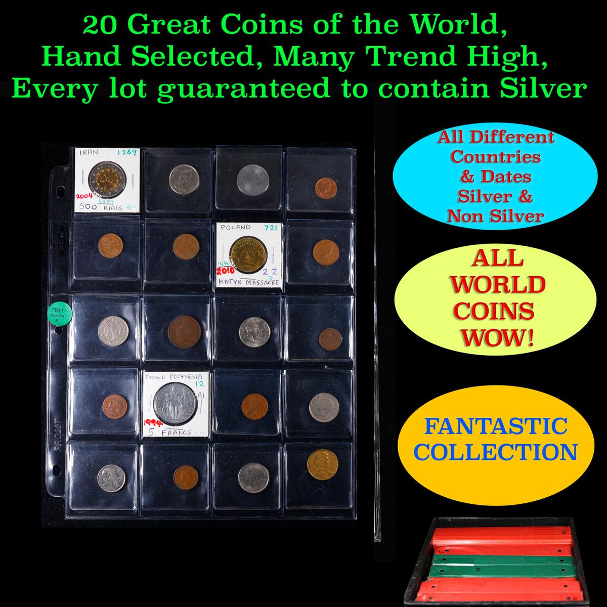 20 Great Coins of the World, hand selected, many trend high, every lot guaranteed to contain Silver.