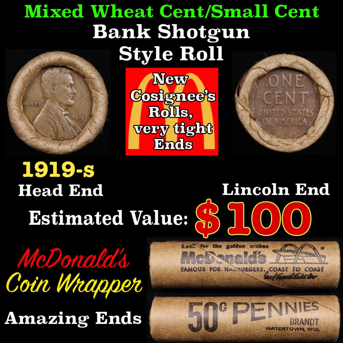 Lincoln Wheat Cent 1c Mixed Roll Orig Brandt McDonalds Wrapper, 1919-s end, Wheat other end