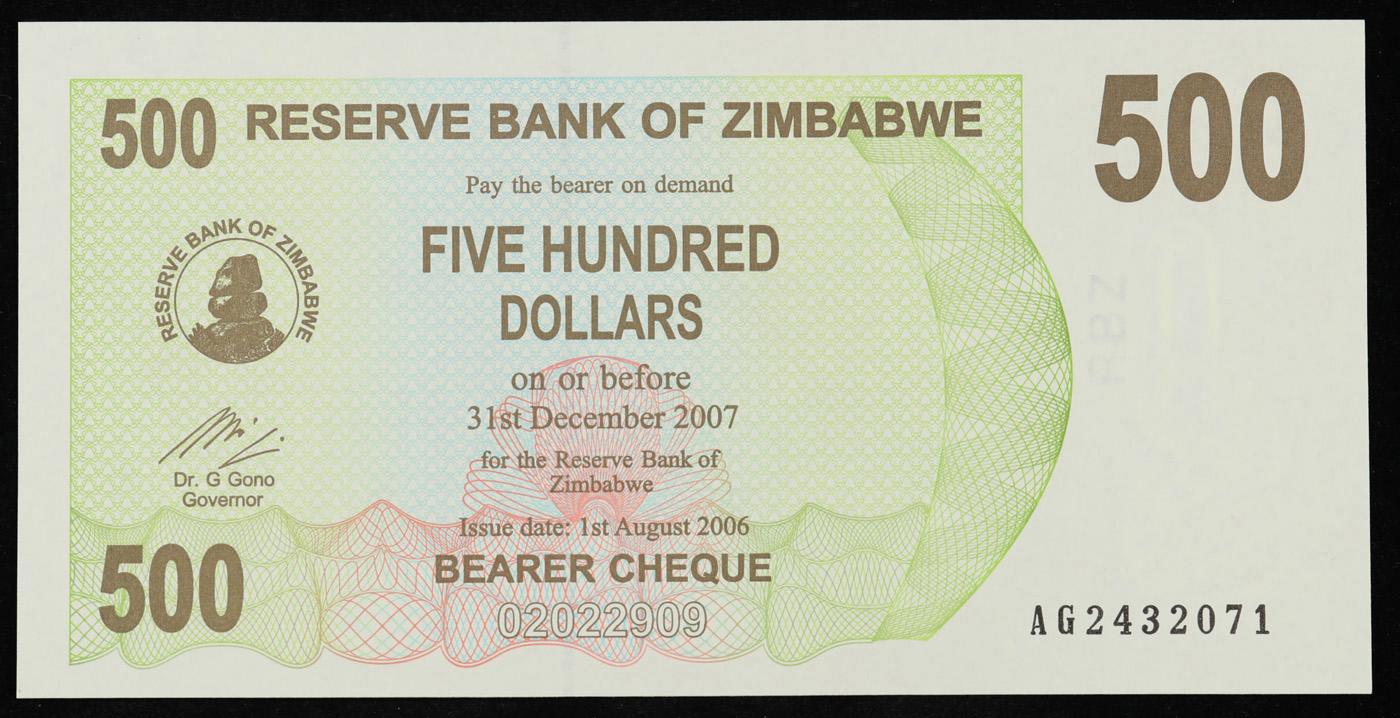 2006-2008 Zimbabwe 500 Dollars (ZWN, 2nd Dollar) Emergency Bearer Cheque Note P# 43 Gem CU