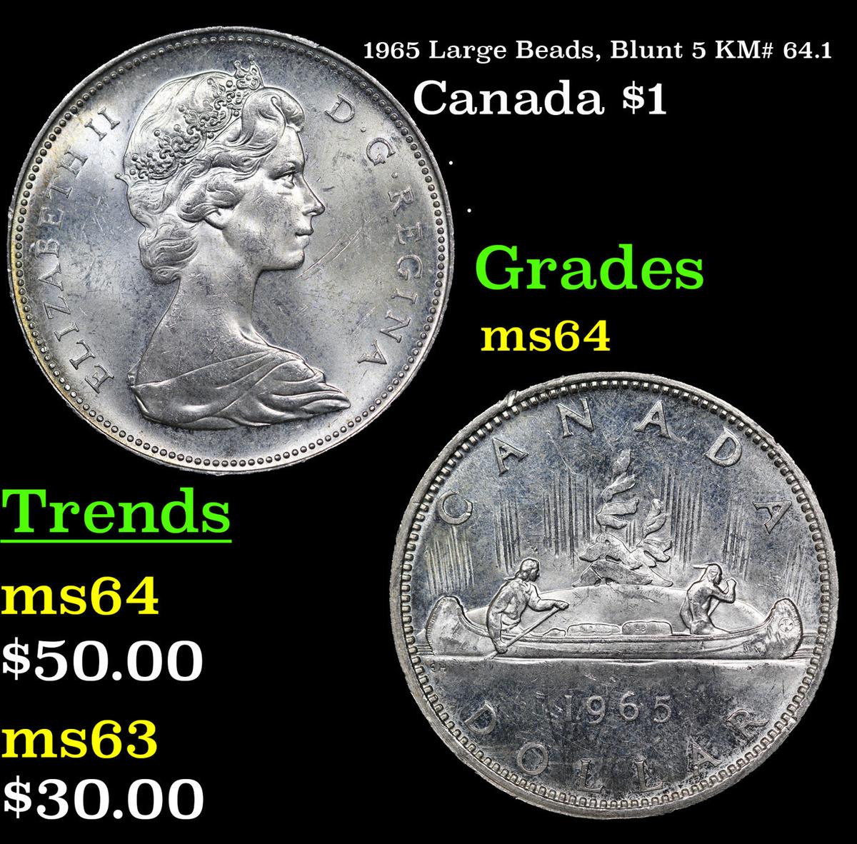 1965 Large Beads, Blunt 5 Canada Dollar KM# 64.1 1 Grades Choice Unc