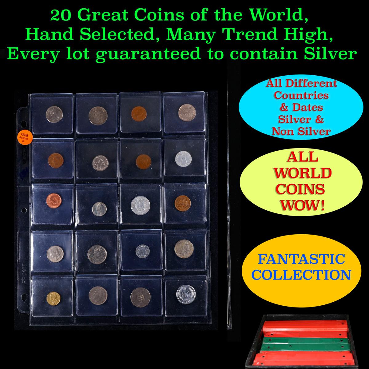 20 Great Coins of the World, hand selected, many trend high, every lot guaranteed to contain Silver.