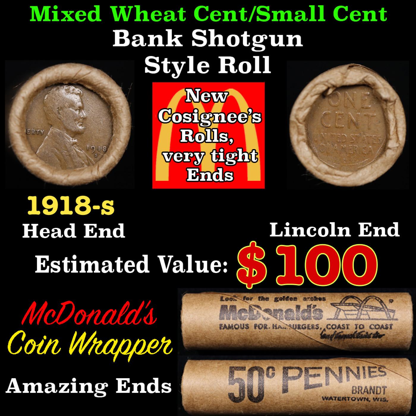 Lincoln Wheat Cent 1c Mixed Roll Orig Brandt McDonalds Wrapper, 1918-s end, Wheat other end