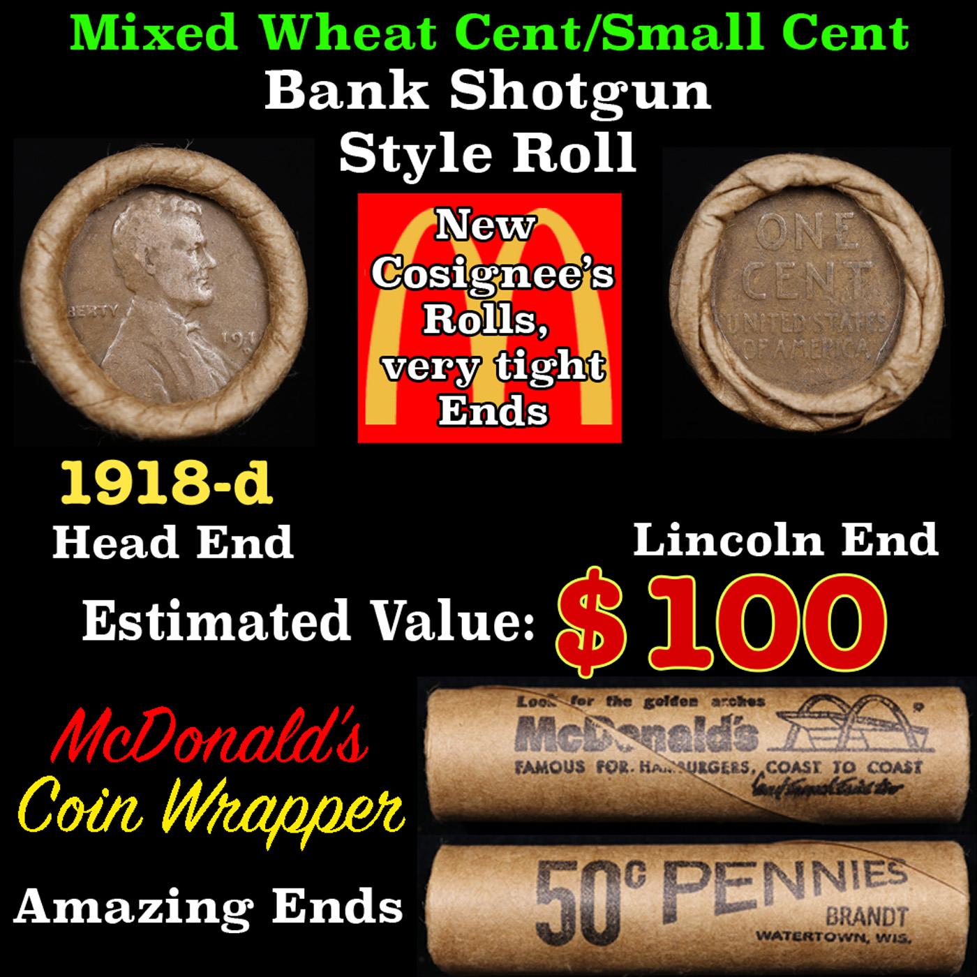 Lincoln Wheat Cent 1c Mixed Roll Orig Brandt McDonalds Wrapper, 1918-d end, Wheat other end