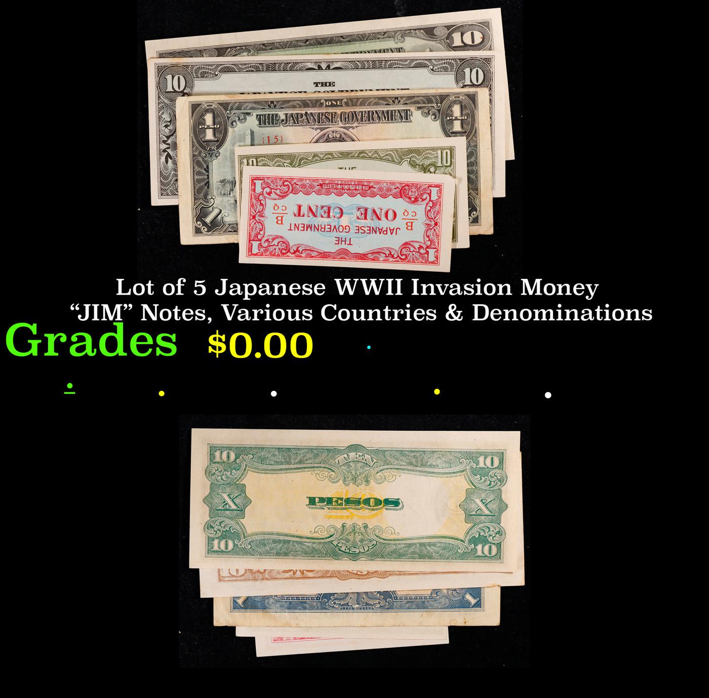 Lot of 5 Japanese WWII Invasion Money "JIM" Notes, Various Countries & Denominations Grades