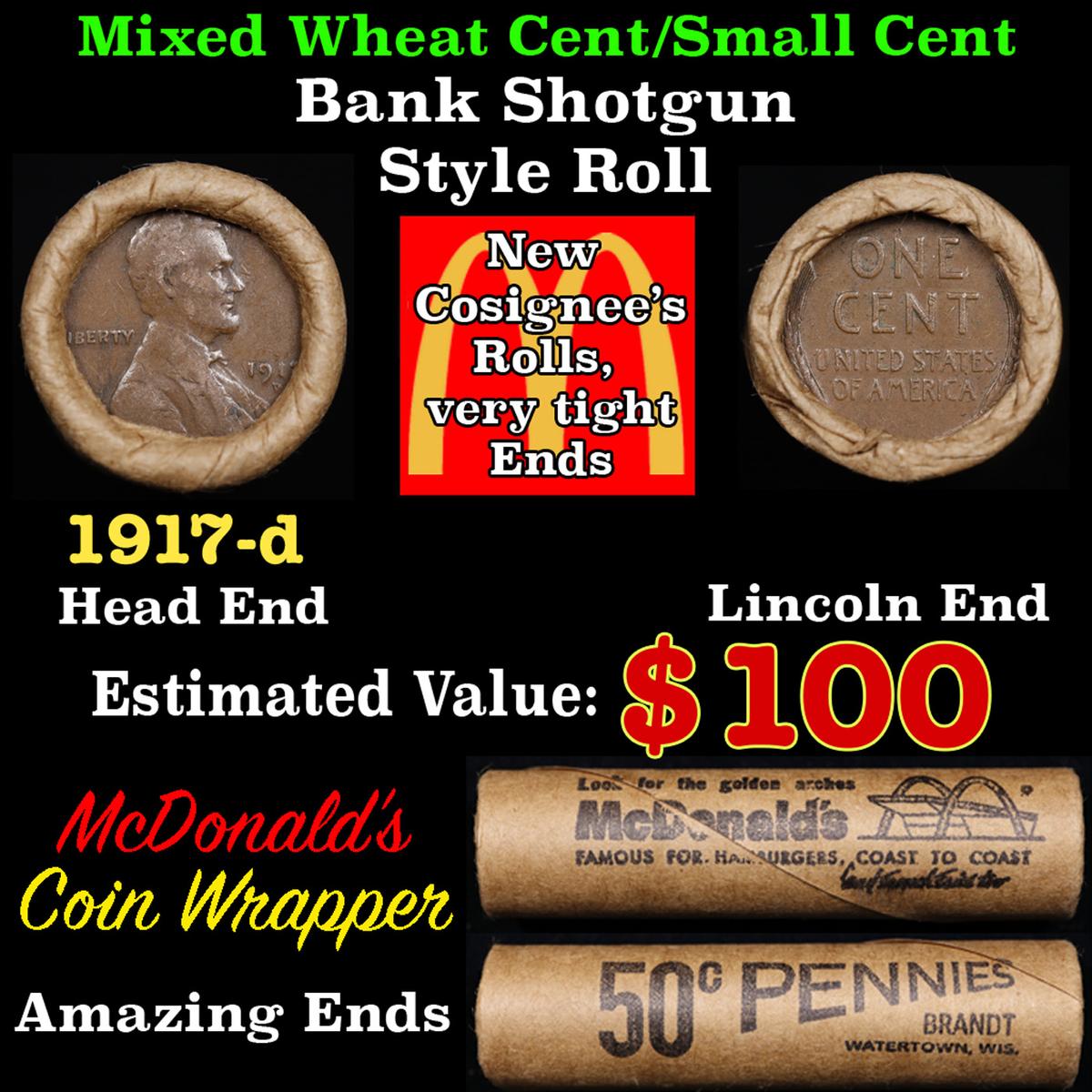 Lincoln Wheat Cent 1c Mixed Roll Orig Brandt McDonalds Wrapper, 1917-d end, Wheat other end