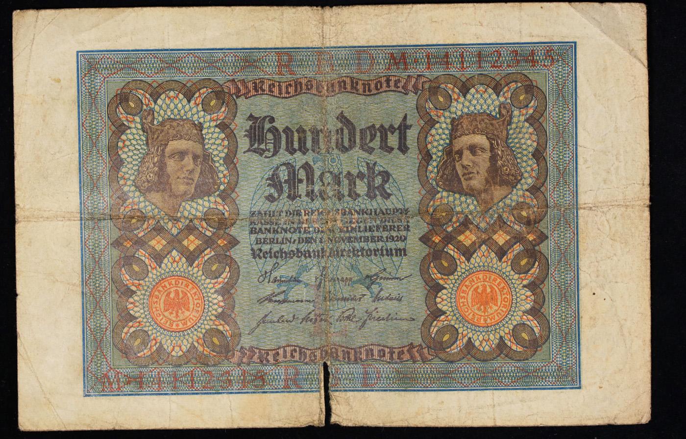 1920 Weimar Germany 100 Mark Note P# 69B Grades vf details