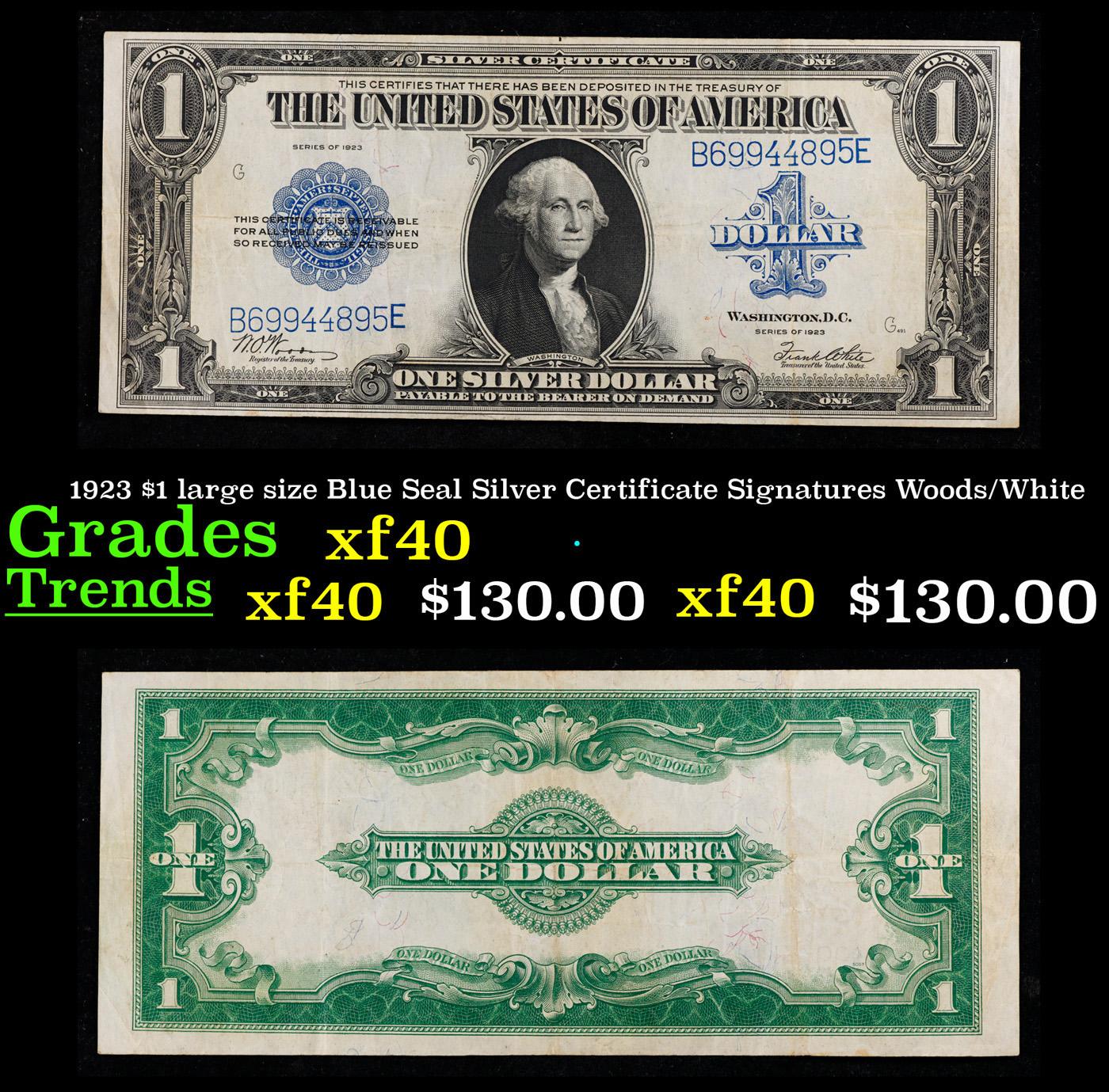 1923 $1 large size Blue Seal Silver Certificate Grades xf Signatures Woods/White