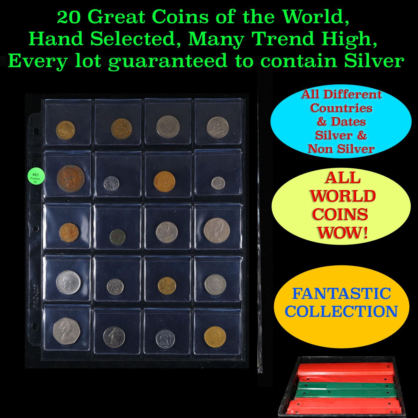 20 Great Coins of the World, hand selected, many trend high, every lot guaranteed to contain Silver.